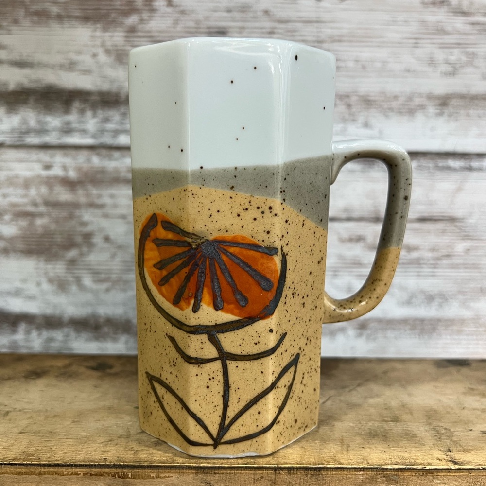 Handcrafted Ceramic Mug with Floral Design - Tan and Orange